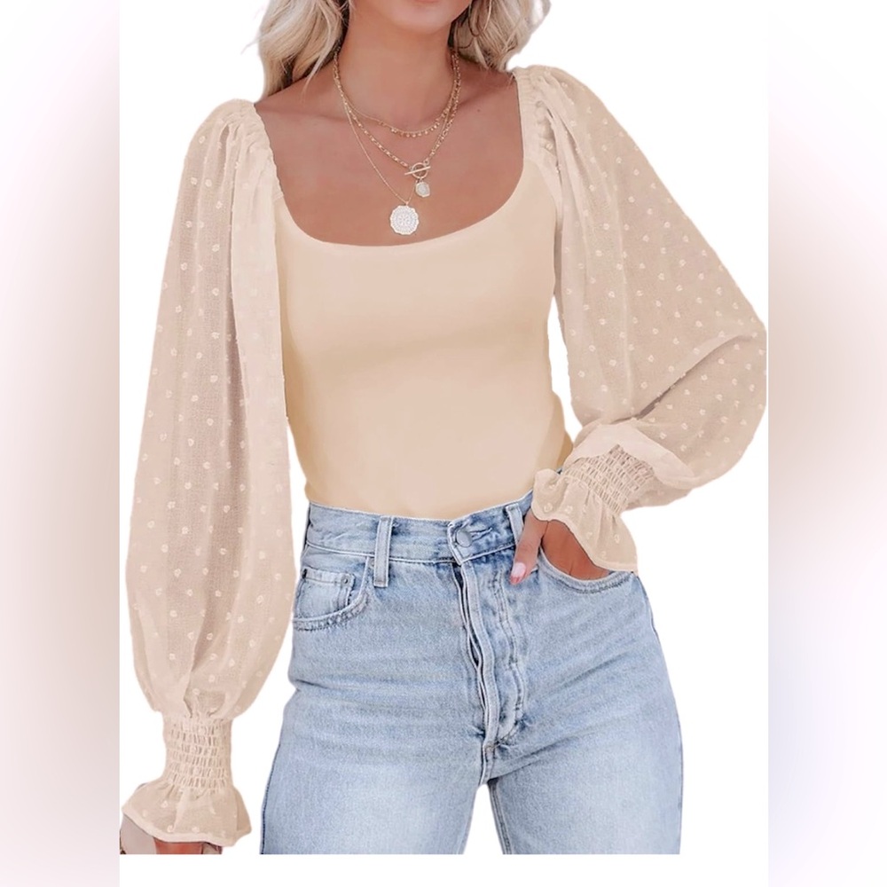 Brand new! Women's Square Neck Puff Sleeve Bodysuit Off Shoulder Sheer Polka Dot